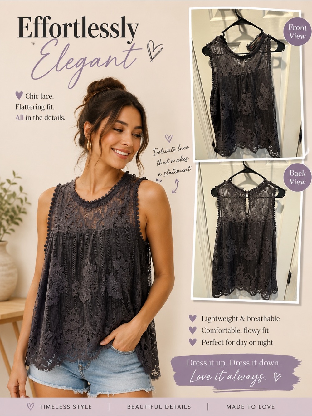 Lace Overlay Sleeveless Shell Top - Dark Gray